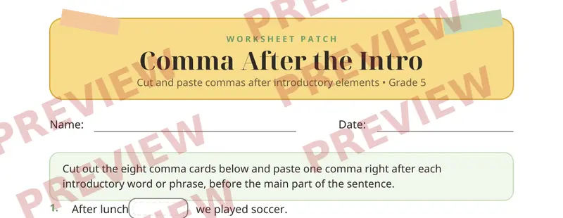 Partial preview of Commas Introductory Cut and Paste