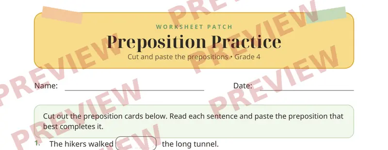 Partial preview of Prepositions Cut and Paste