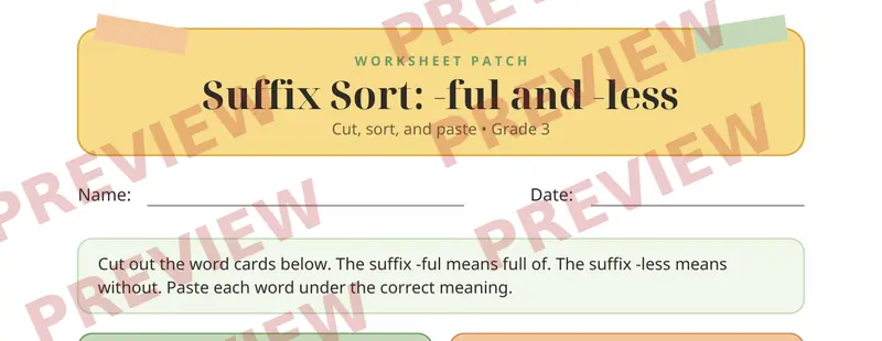 Partial preview of Suffixes Ful/Less Cut and Paste