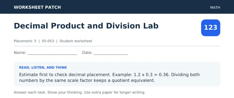 Page 1 preview of Decimal Product and Division Lab