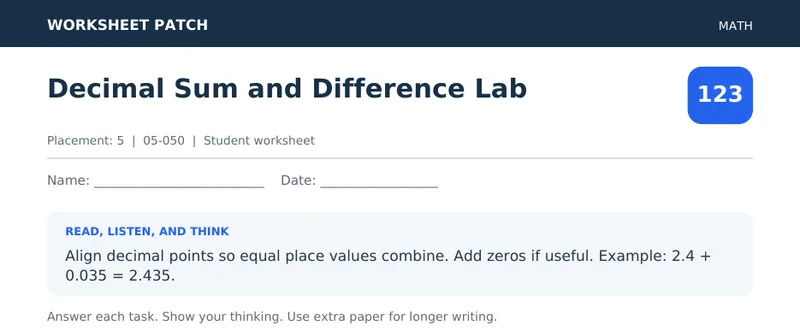 Page 1 preview of Decimal Sum and Difference Lab