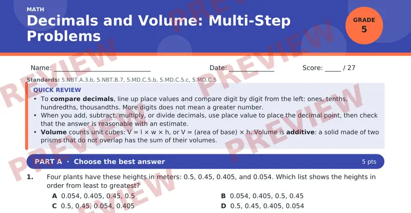 Page 1 preview of Decimals and Volume: Multi-Step Problems