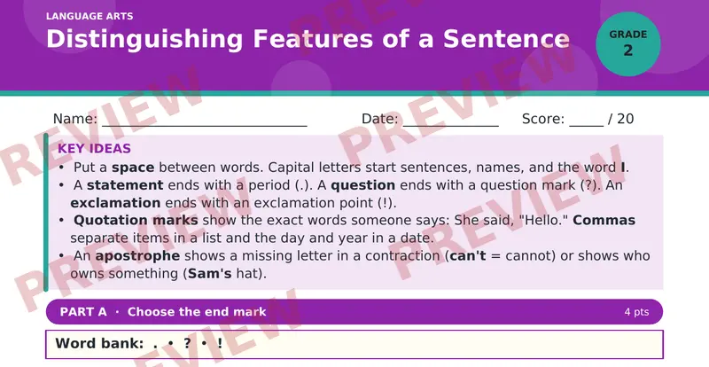 Page 1 preview of Distinguishing Features of a Sentence