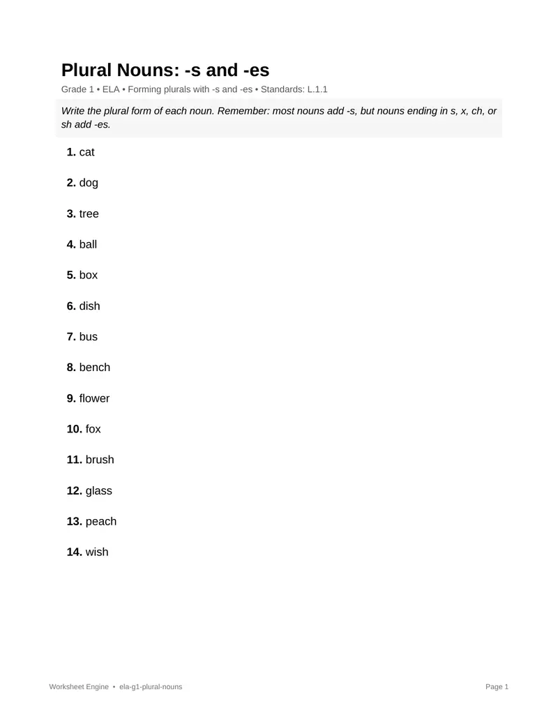 Page 1 preview of Plural Nouns: -s and -es