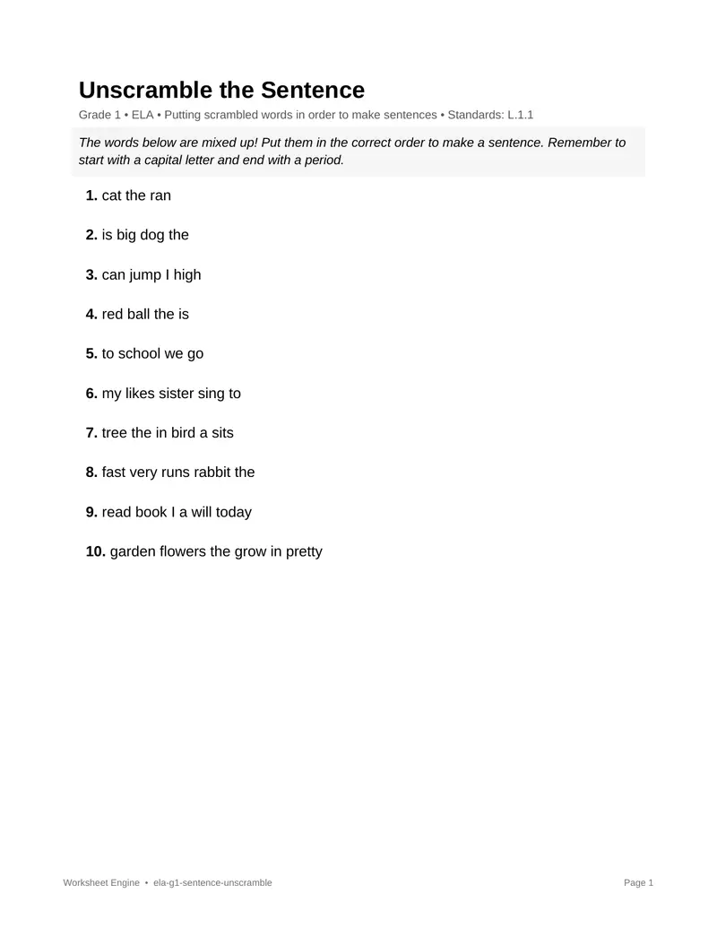 Page 1 preview of Unscramble the Sentence
