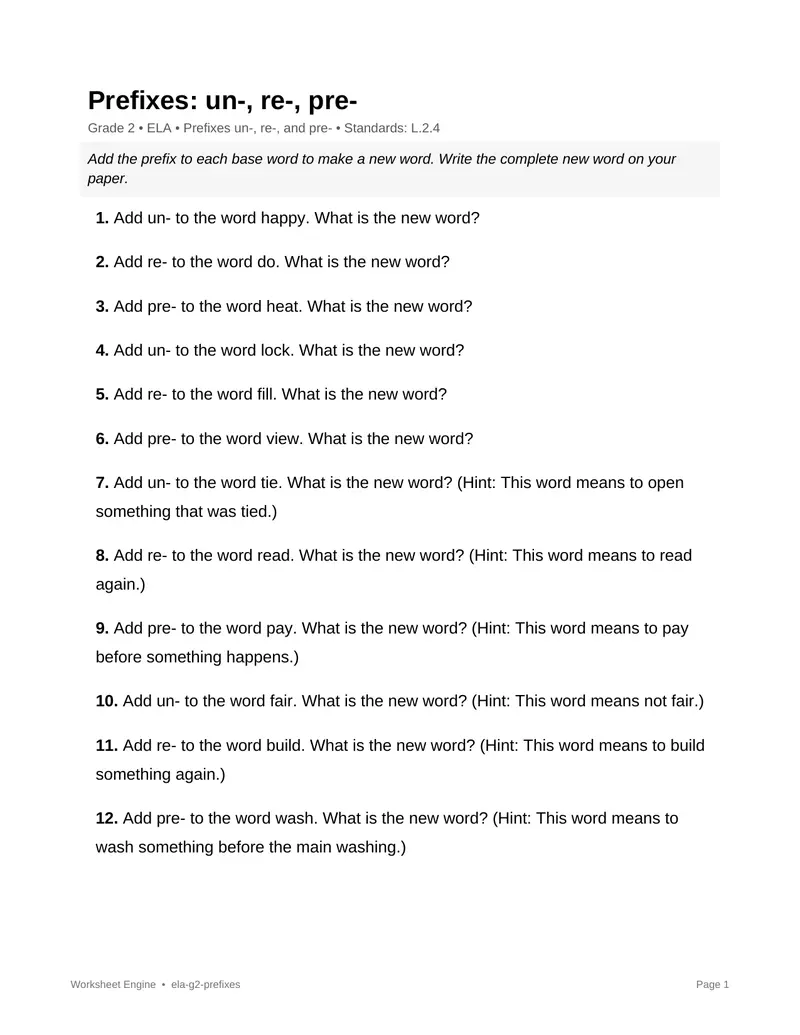 Page 1 preview of Prefixes: un-, re-, pre-
