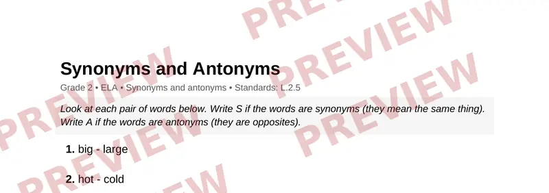 Page 1 preview of Synonyms and Antonyms