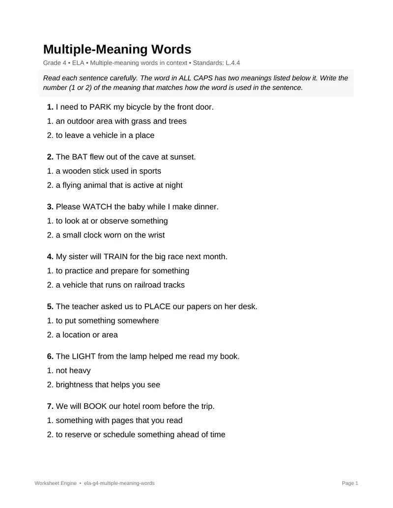 Page 1 preview of Multiple-Meaning Words