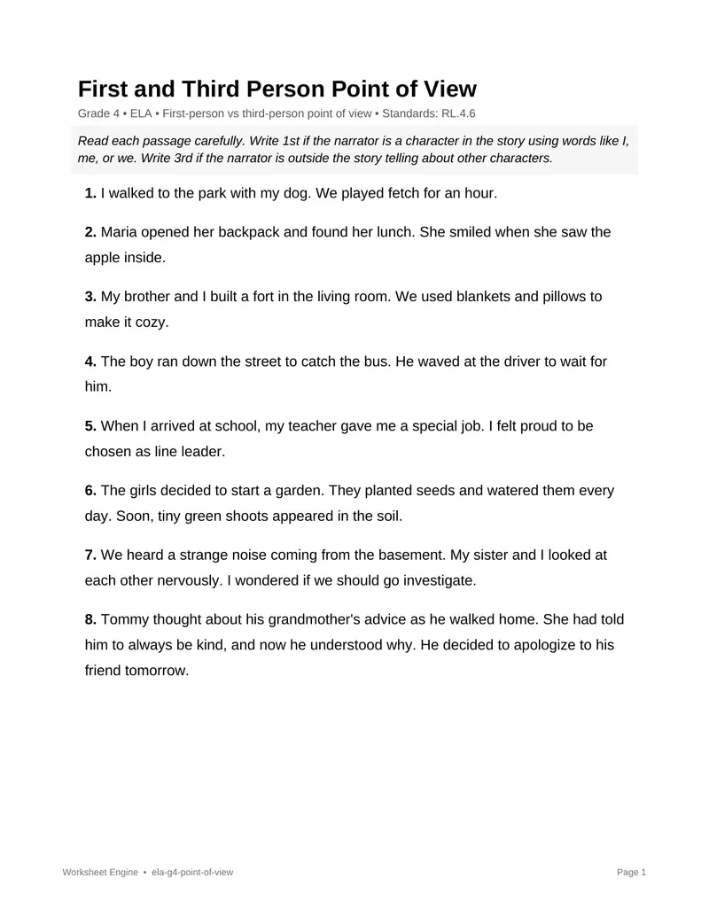 Page 1 preview of First and Third Person Point of View