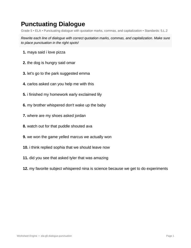 Page 1 preview of Punctuating Dialogue
