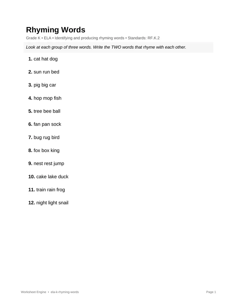 Page 1 preview of Rhyming Words
