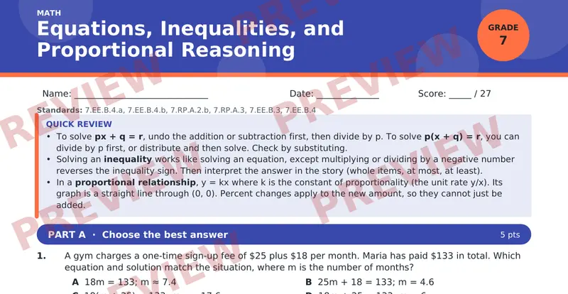 Page 1 preview of Equations, Inequalities, and Proportional Reasoning