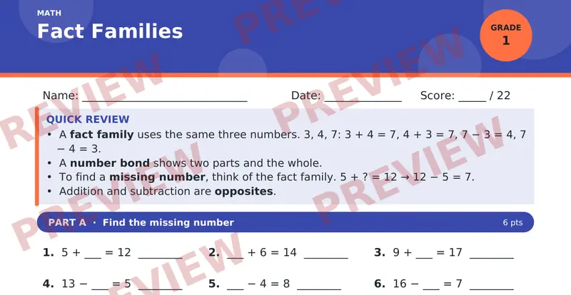 Page 1 preview of Fact Families