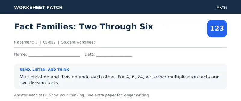 Page 1 preview of Fact Families: Two Through Six