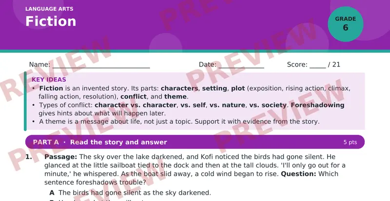 Page 1 preview of Fiction — Grade 6: Elements and Structure