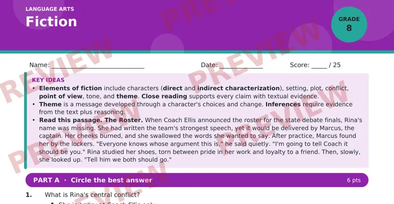 Page 1 preview of Fiction — Grade 8