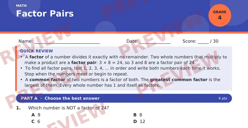 Page 1 preview of Finding Factor Pairs
