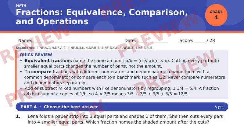 Page 1 preview of Fractions: Equivalence, Comparison, and Operations