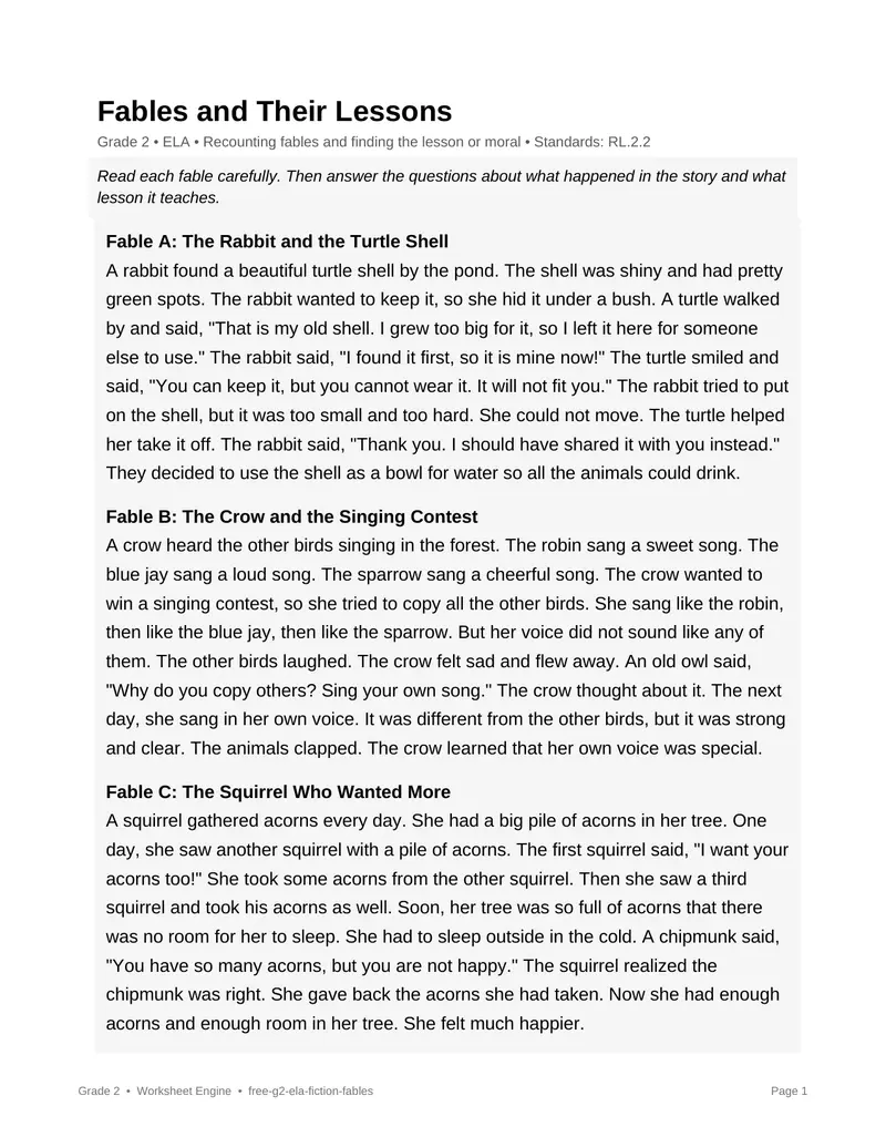 Page 1 preview of Fables and Their Lessons