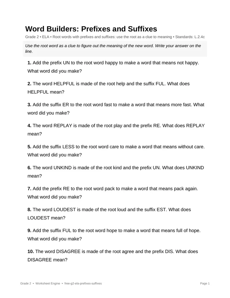 Page 1 preview of Word Builders: Prefixes and Suffixes