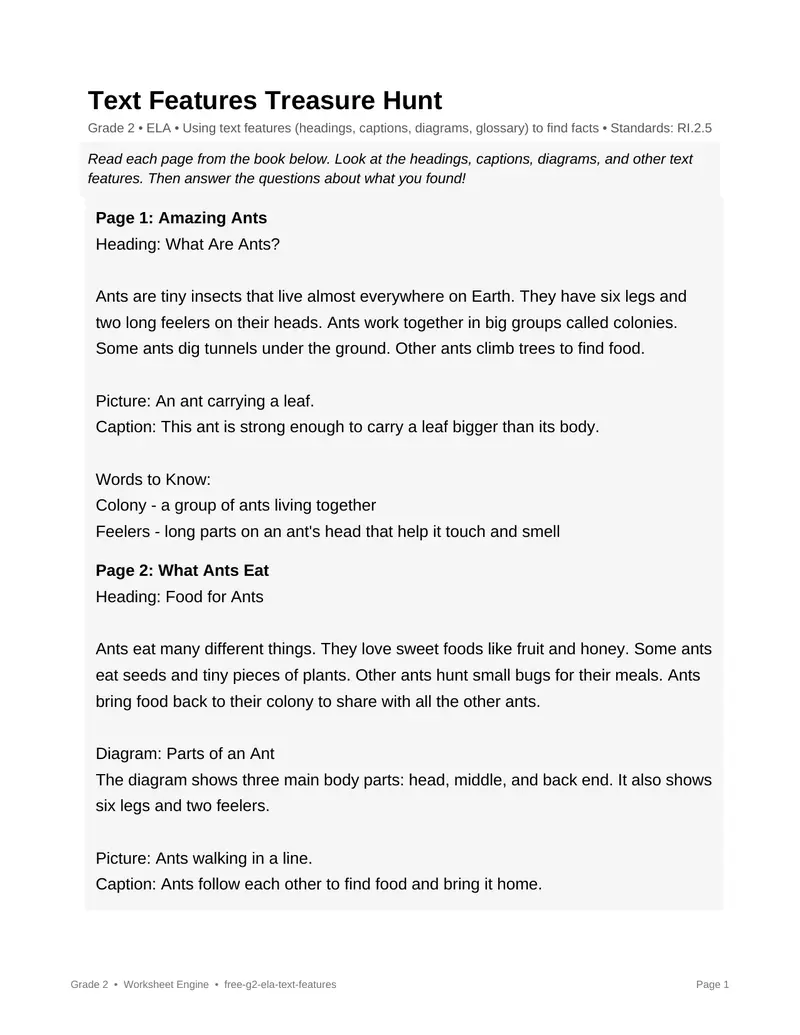 Page 1 preview of Text Features Treasure Hunt