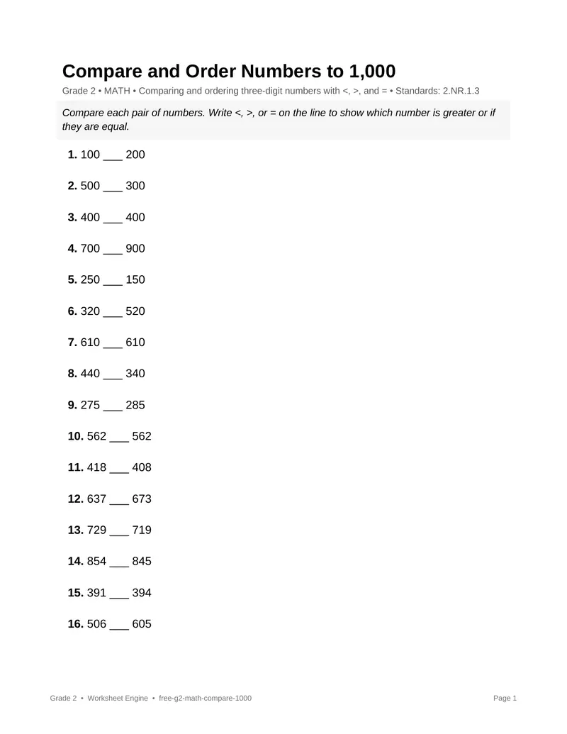 Page 1 preview of Compare and Order Numbers to 1,000