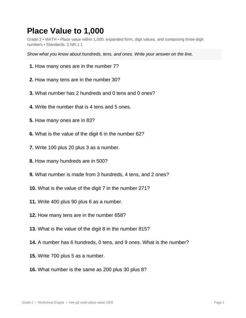 Page 1 preview of Place Value to 1,000
