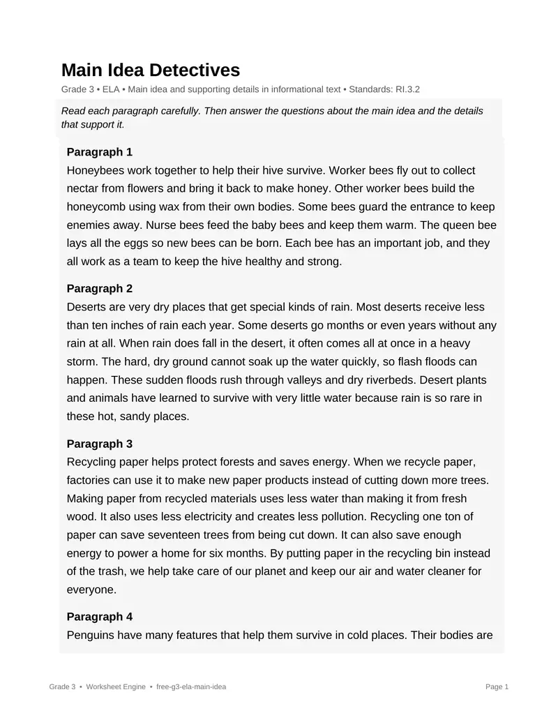 Page 1 preview of Main Idea Detectives