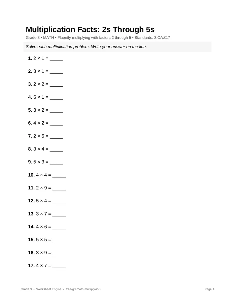 Page 1 preview of Multiplication Facts: 2s Through 5s