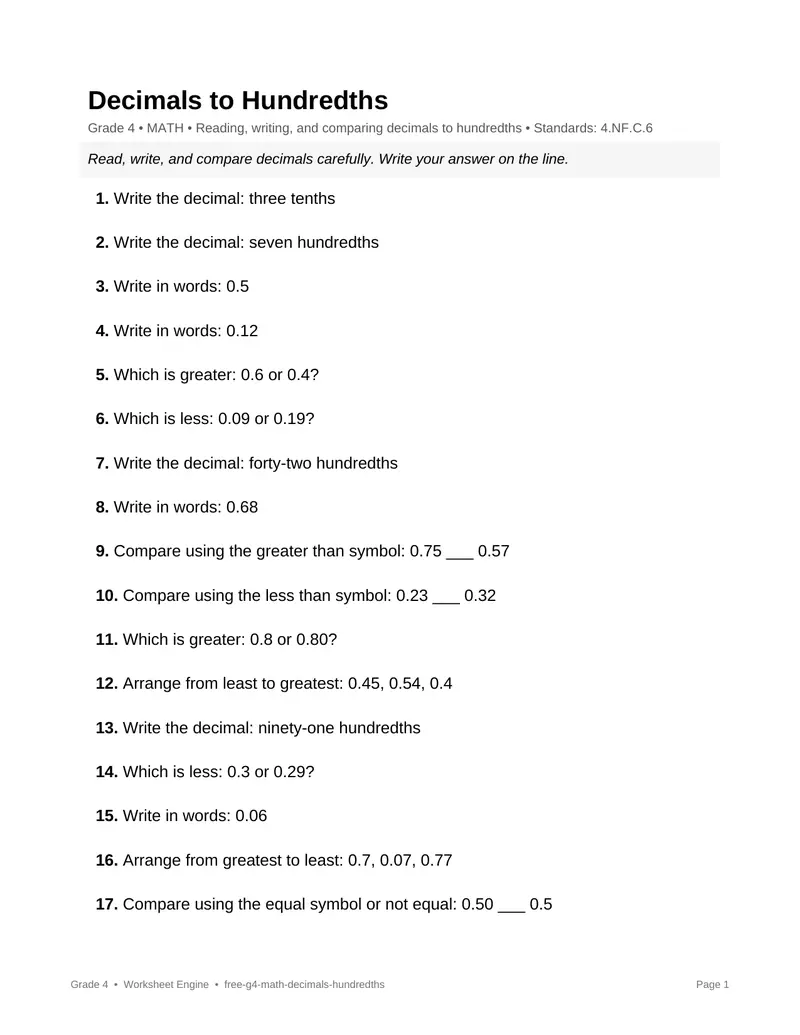 Page 1 preview of Decimals to Hundredths