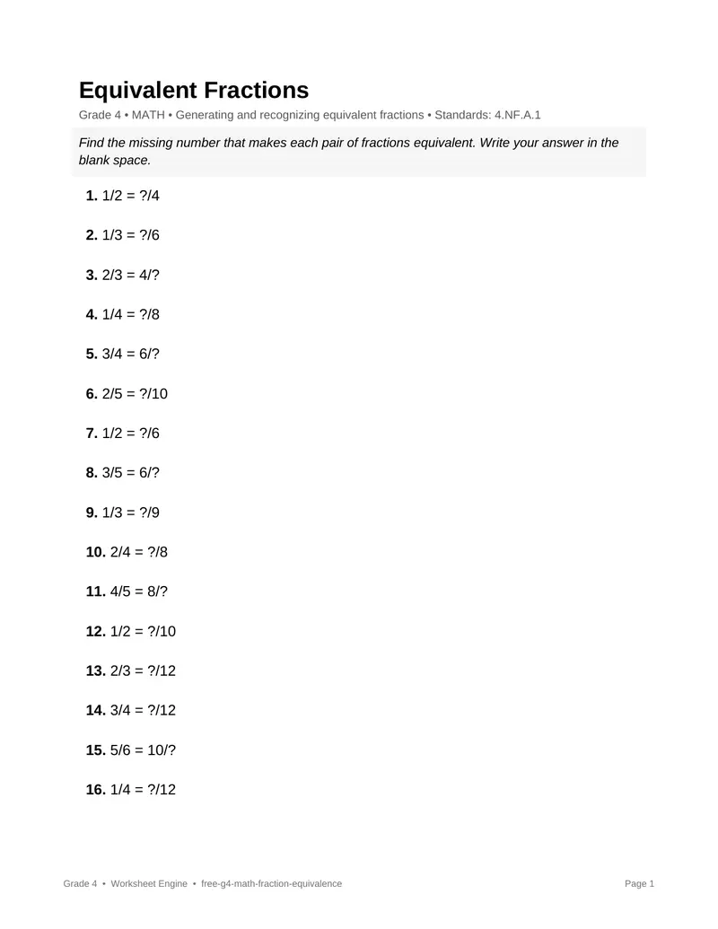 Page 1 preview of Equivalent Fractions