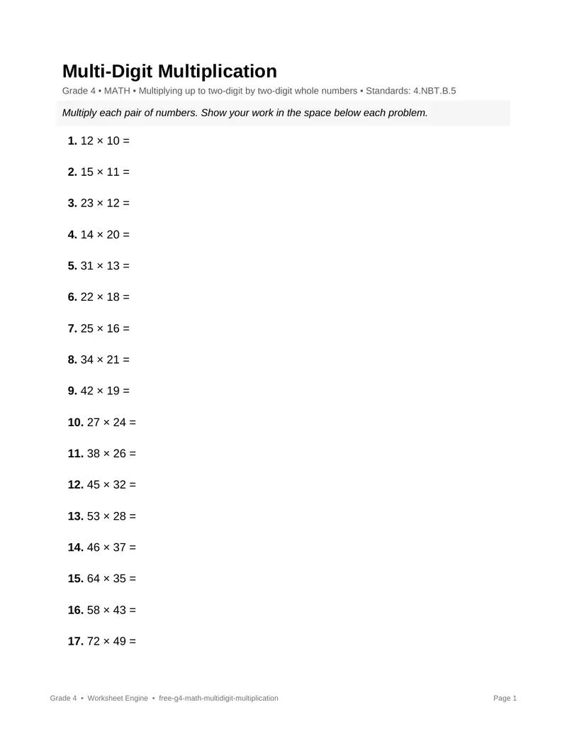 Page 1 preview of Multi-Digit Multiplication