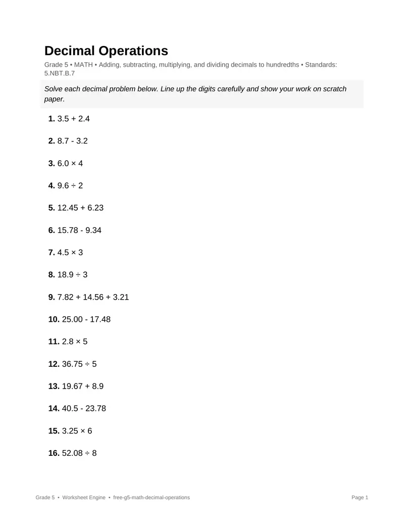 Page 1 preview of Decimal Operations