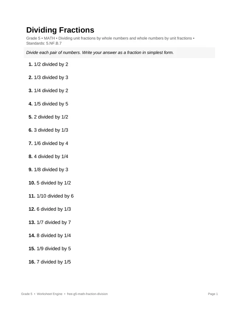 Page 1 preview of Dividing Fractions