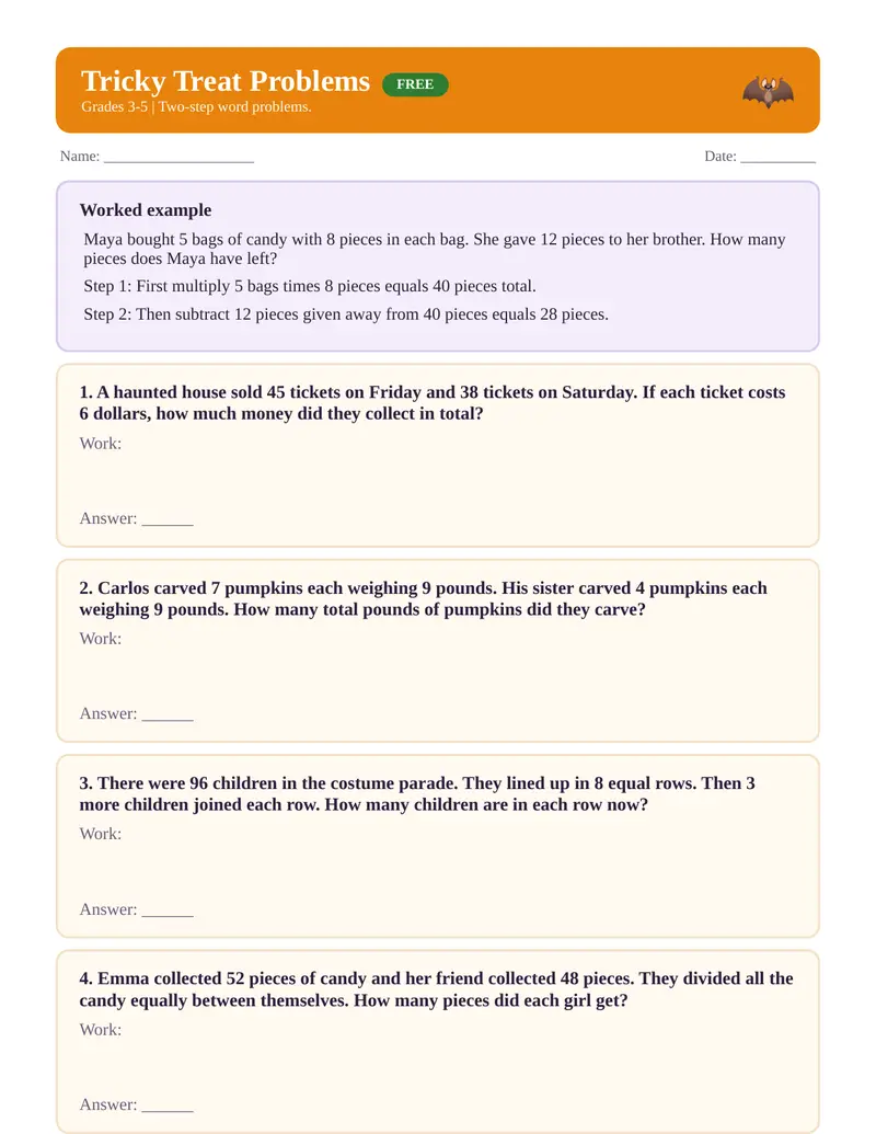 Page 1 preview of Halloween Two-Step Word Problems