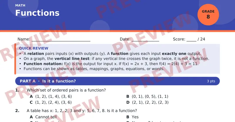 Page 1 preview of Functions — Grade 8: Math
