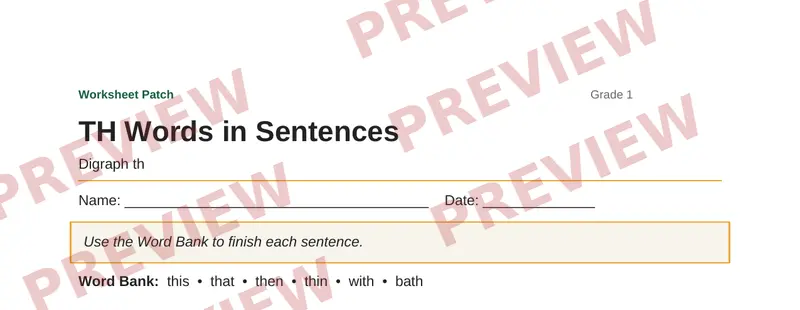 Partial preview of TH Words in Sentences