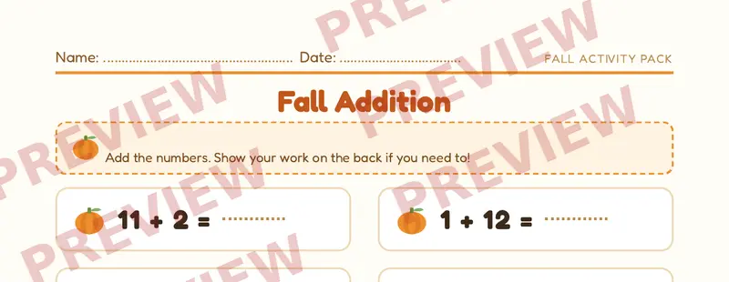 Partial preview of First Grade Fall Activity Pack