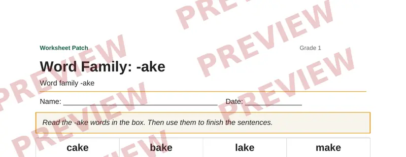 Partial preview of Word Family: -ake