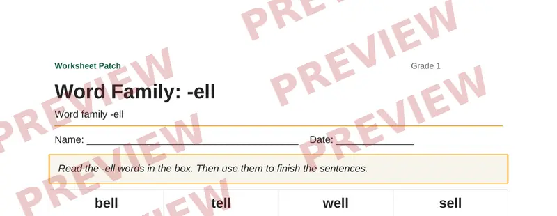 Partial preview of Word Family: -ell