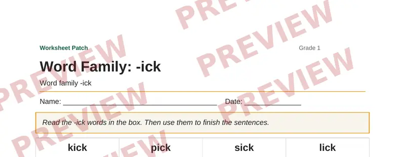 Partial preview of Word Family: -ick