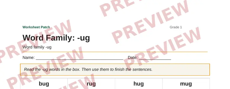 Partial preview of Word Family: -ug