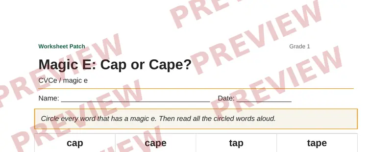 Partial preview of Magic E: Cap or Cape?