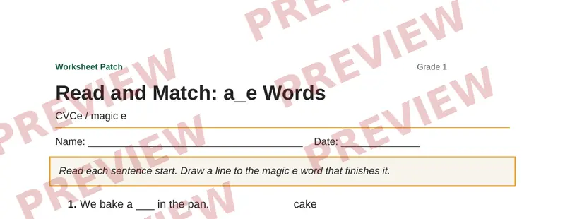 Partial preview of Read and Match: a_e Words