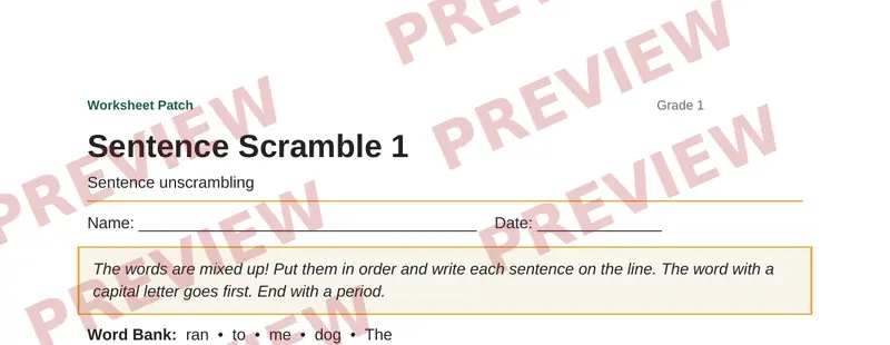 Partial preview of Sentence Scramble 1