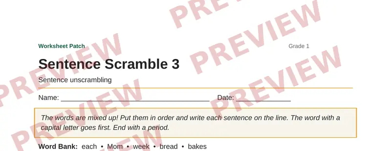 Partial preview of Sentence Scramble 3