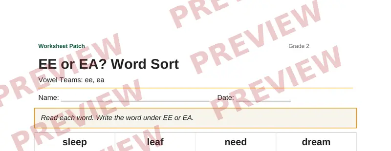 Partial preview of EE or EA? Word Sort