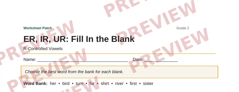 Partial preview of ER, IR, UR: Fill In the Blank