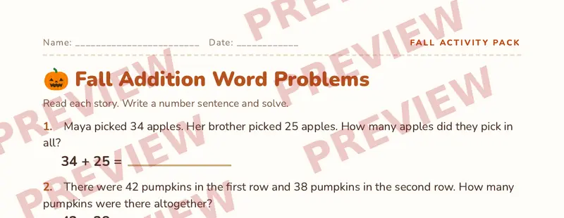 Partial preview of Second Grade Fall Activity Pack