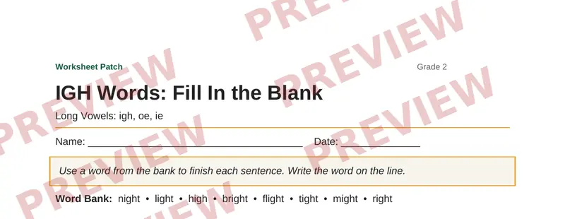 Partial preview of IGH Words: Fill In the Blank